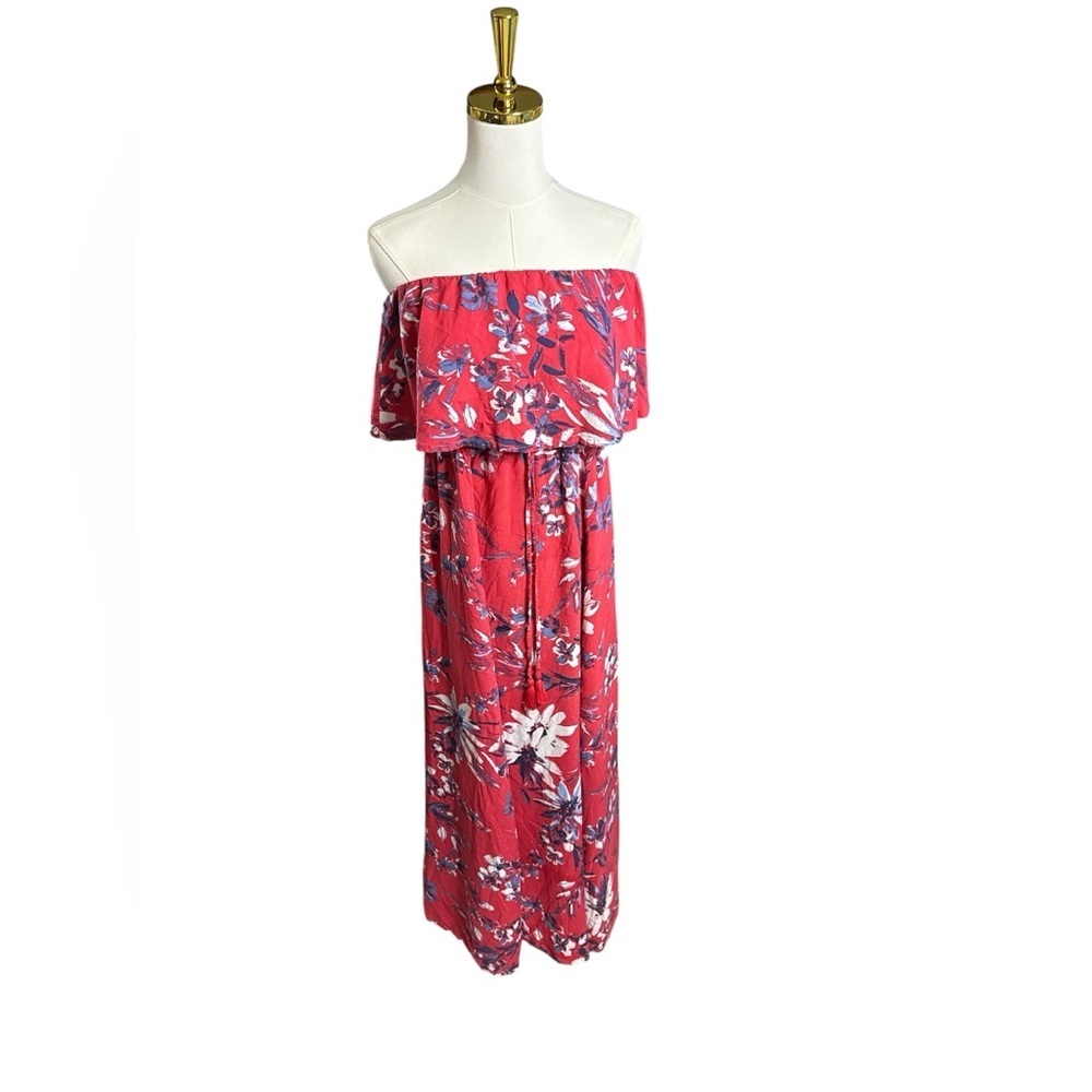 Japna Floral Off-Shoulder Red Dress Maxi with Tassels Size M